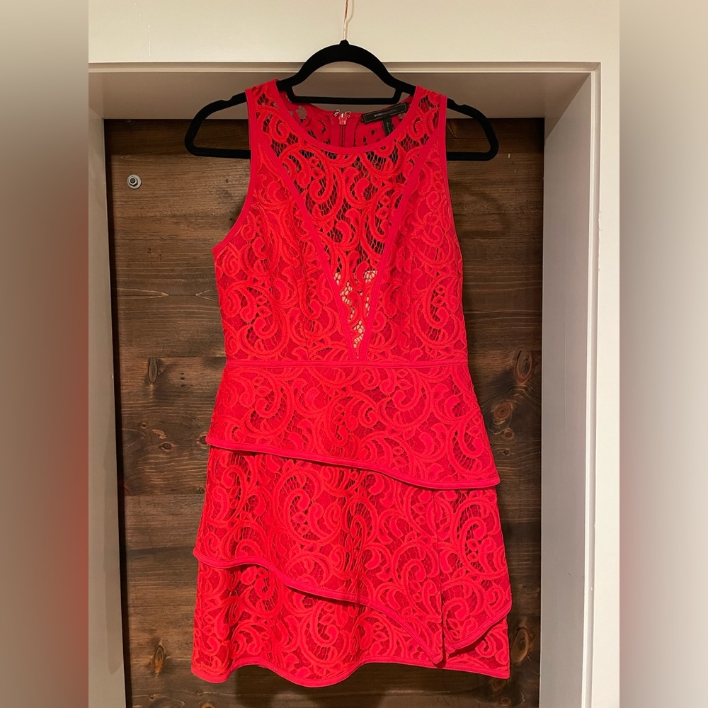 Sexy lace and illusion fabric red cocktail dress